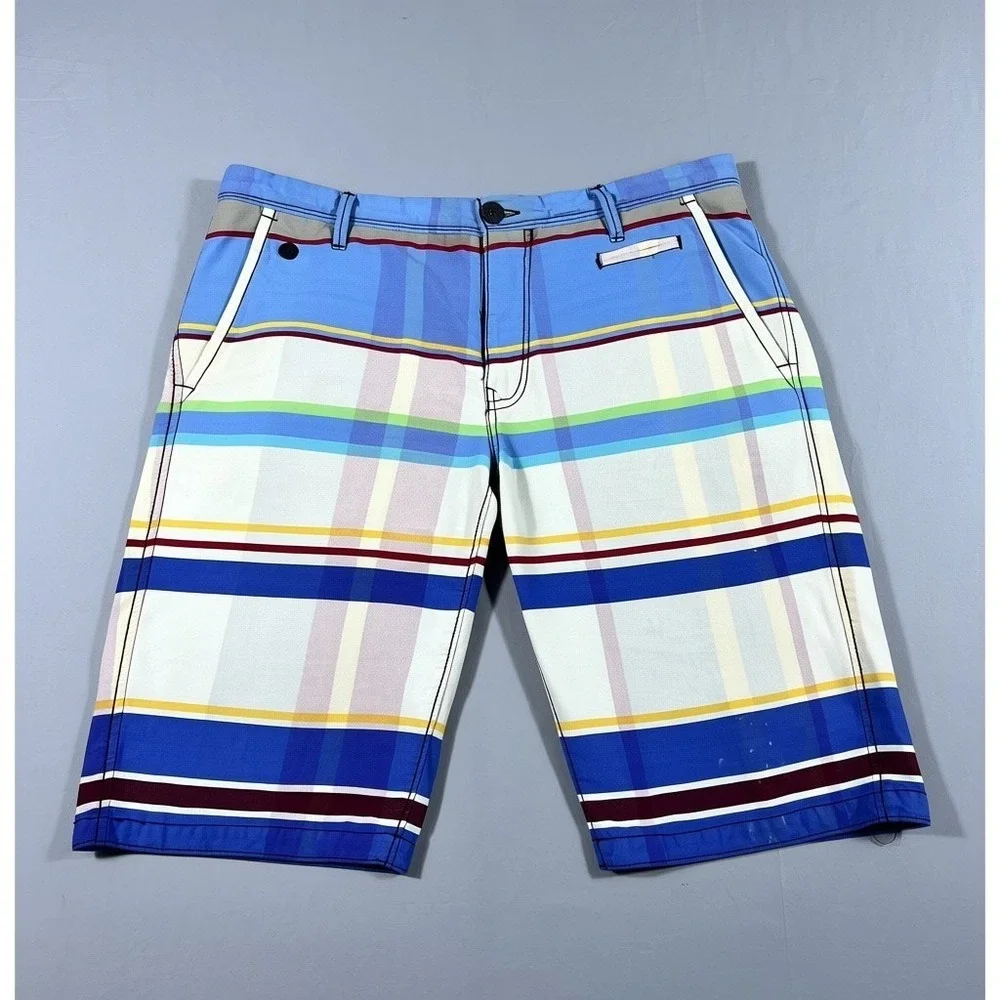Jetlag Tailor Made Mens Plaid Striped Cotton Casual Shorts Blue Multi Size 34